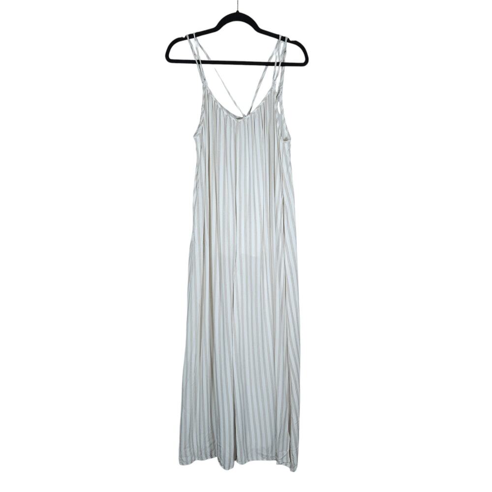 Aaakaa Romper Small White Gray Striped Pockets Wide Leg Coastal Grandmother